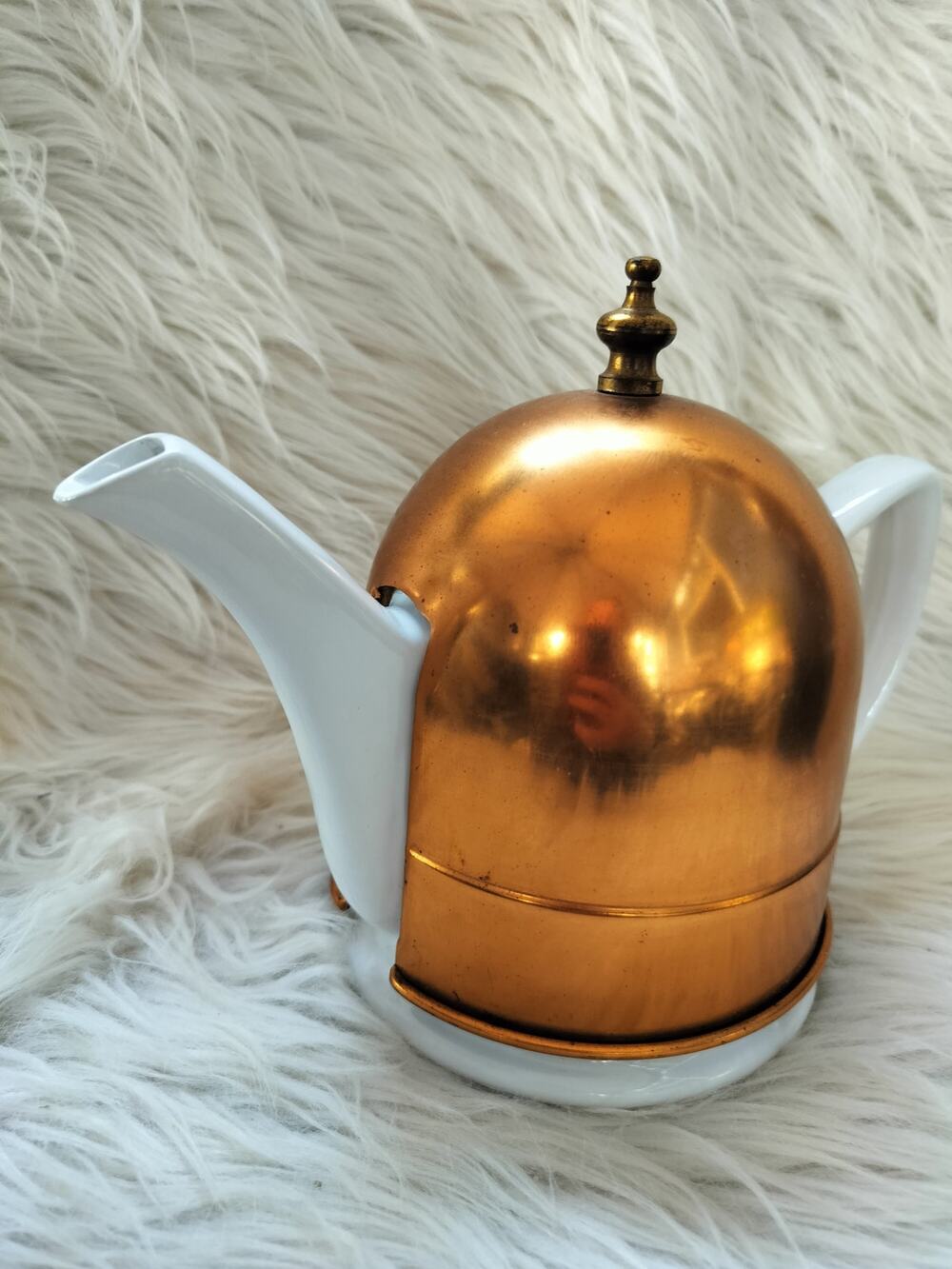 Vintage 80s Baker Hart & Stuart White Ceramic Teapot with Removable Copper Cozy